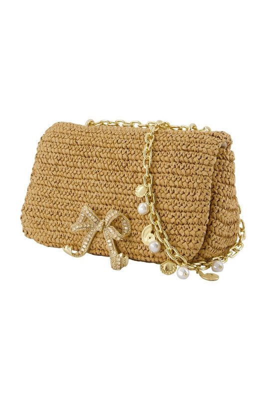 Bow Charm Schultertasche - SELF PORTRAIT - Raphia - Braun