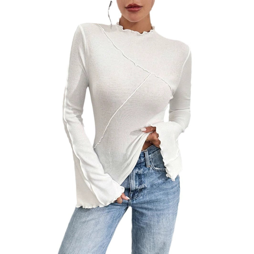 Fashion Beveled Bell Sleeve Slim Fit Inner Wear Ruffled Collar Bottoming Shirt