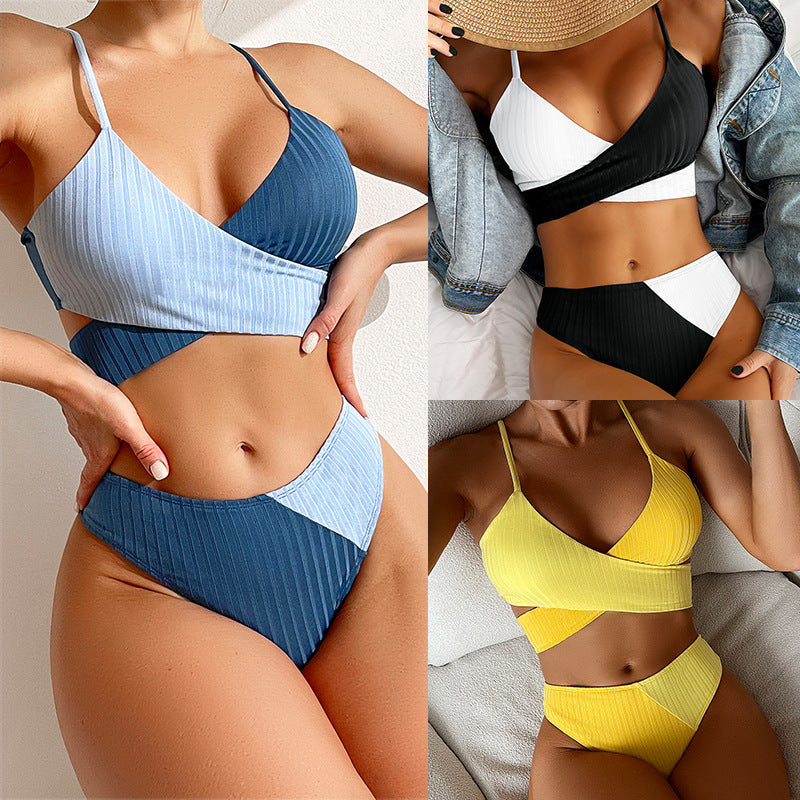 Bikini Patchwork Swimwear Ribbed Women's Swimsuit Knot Back Beachwear Rushed Butt Biquinis Women's Swimming bikini