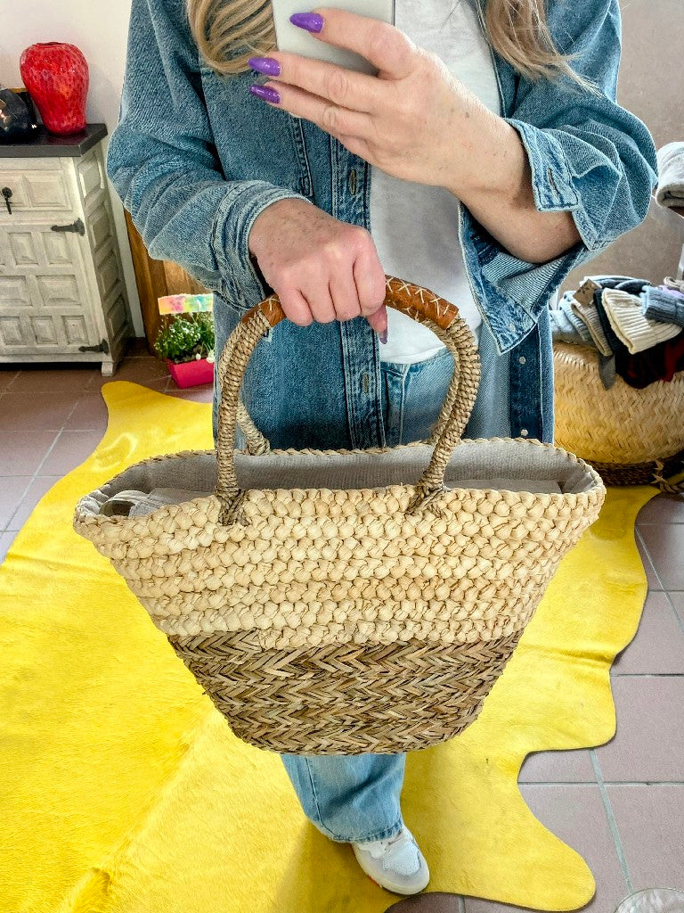 Bastkorb mit Ledergriffen, Leinen Innentasche mit Reißverschluss