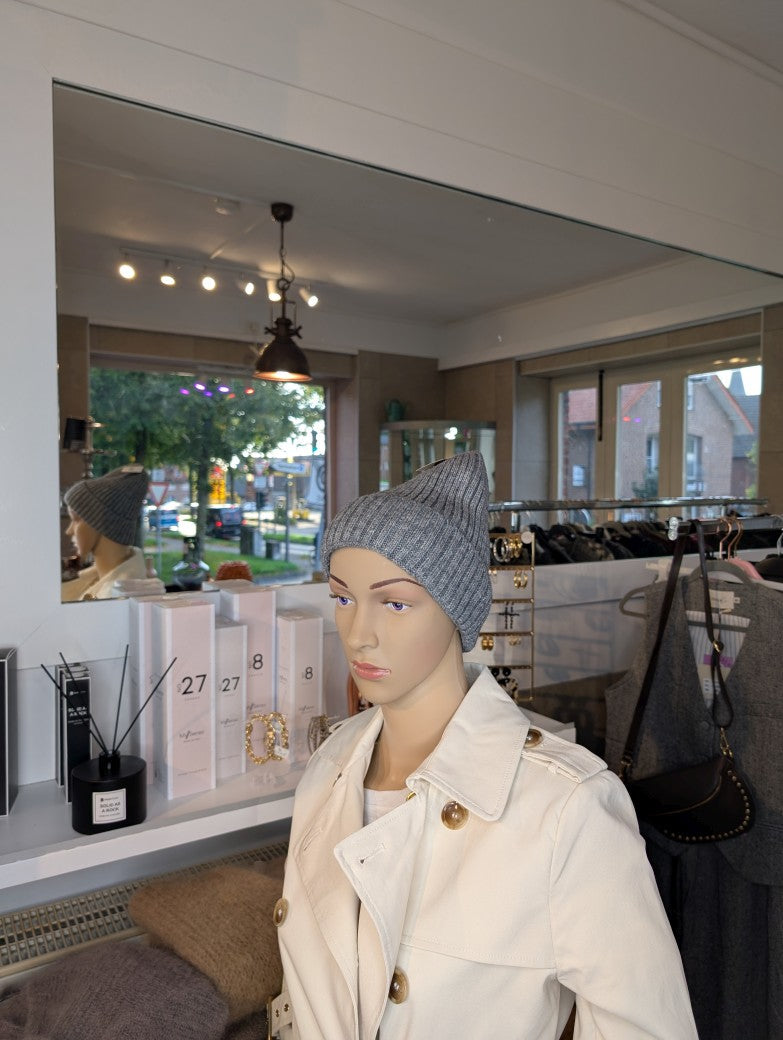 Beanie Mütze ungefüttert mit Umschlag 50% Nylon 30% Viskose 20% Angora - Grau