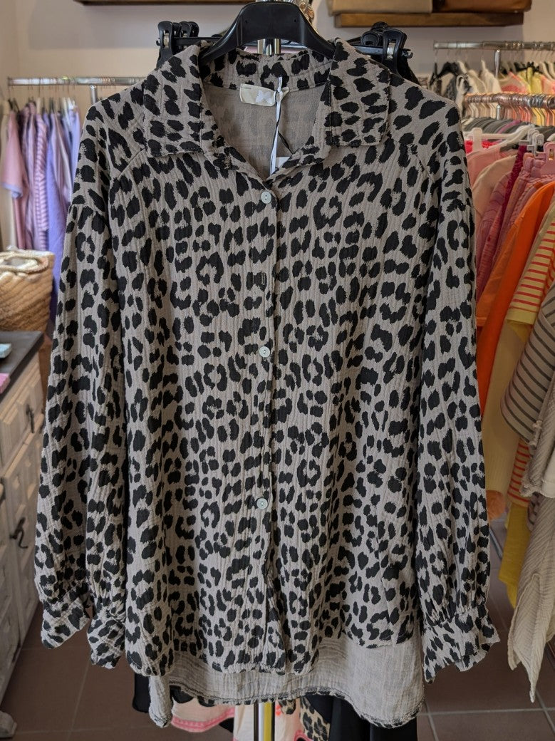 Bluse Mousselin Leo Grau Schwarz Oversized, One Size 01630