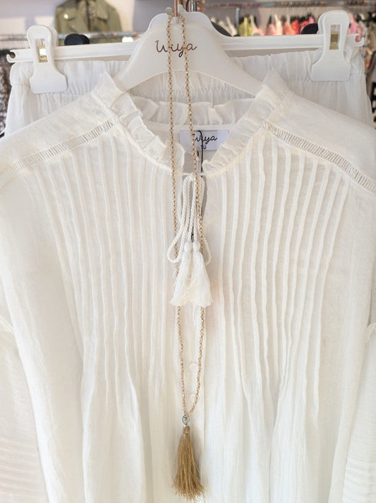 Kette Boho Edelstahl mit Kristallsteinen Buddha Kopf glänzend 90cm lang in Beige mit Quast in Gold SSt Bijoux 8112592