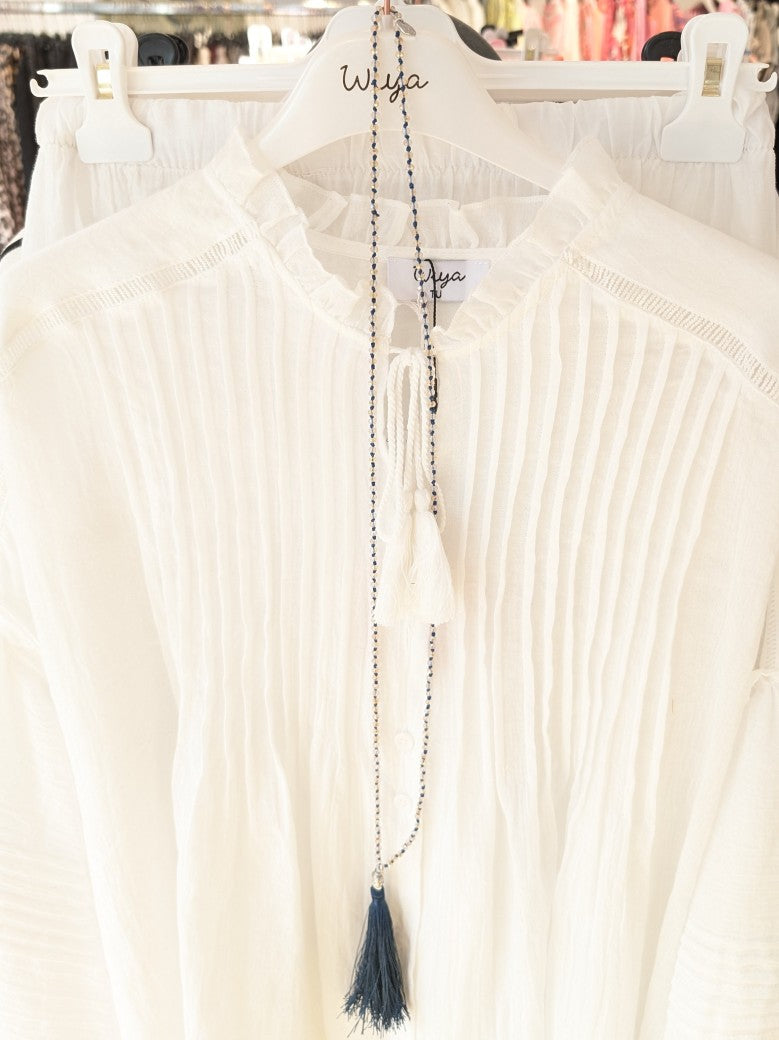 Kette Boho Edelstahl mit Kristallsteinen Buddha Kopf 90cm lang in Blau mit Quast in Blau SSt Bijoux 8112590