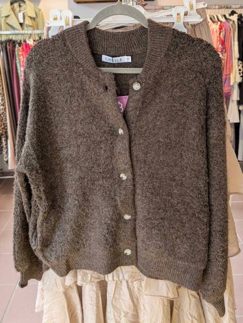 Cardigan Strickjacke Bomberjacke Bouclé Braun Kaffeebraun aus Viskose, One Size - von CHOICE
