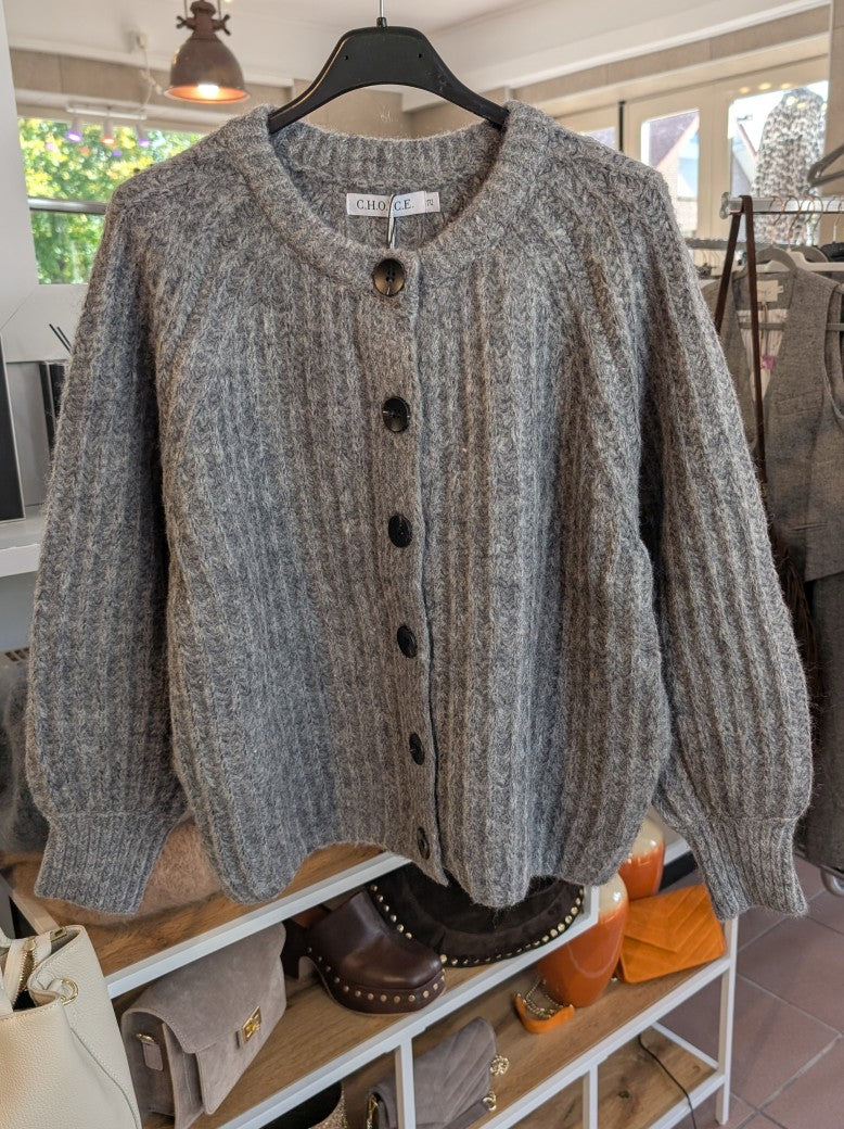 Cardigan Strickjacke Grau schwarze Knöpfe Viskose Nylon Wolle, One Size - von CHOICE CC051