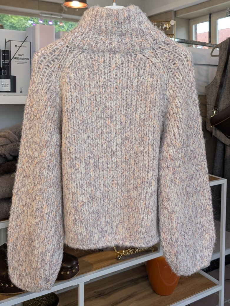 Cardigan Strickjacke Stehkragen Taschen Zipper Créme Beige mit Sprenkeln Rosa Lila Apricots Gelb Viskose Nylon Wolle, One Size - von CHOICE CC076