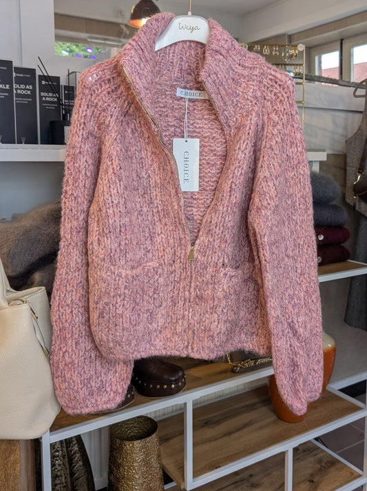 Cardigan Strickjacke Stehkragen Taschen Zipper Pink mit Sprenkeln Rosa Lila Apricots Gelb Viskose Nylon Wolle, One Size - von CHOICE CC076