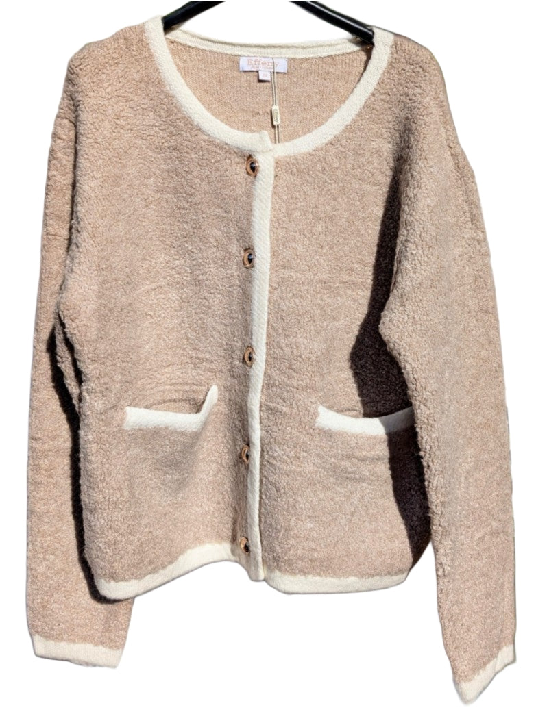 Cardigan Chanel Style Damen Strickjacke Bouclé Taupe Beige Goldknöpfe Viskose Nylon, One Size - von EFFENY