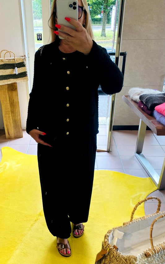 Cardigan Strickjacke Chanel Stil Quadrate Goldknöpfe Schwarz - One Size U3423