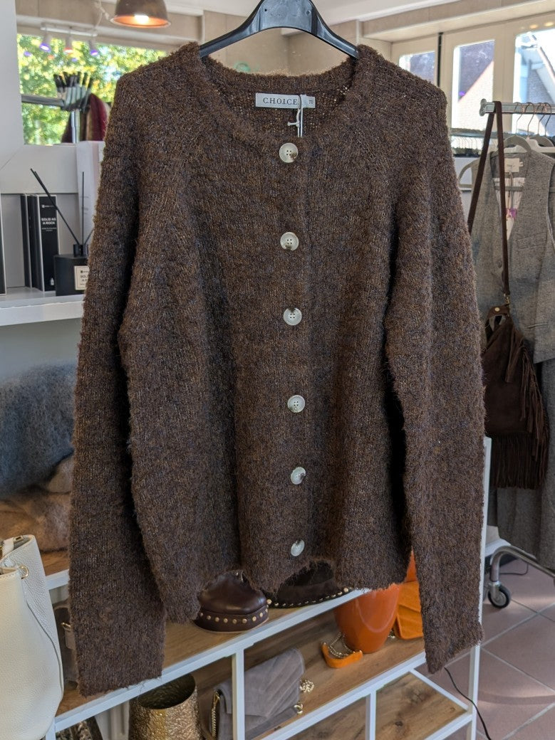 Cardigan Strickjacke helle Knöpfe Coffee Braun blaue Sprenkel Viskose Nylon, One Size - von CHOICE CC3017