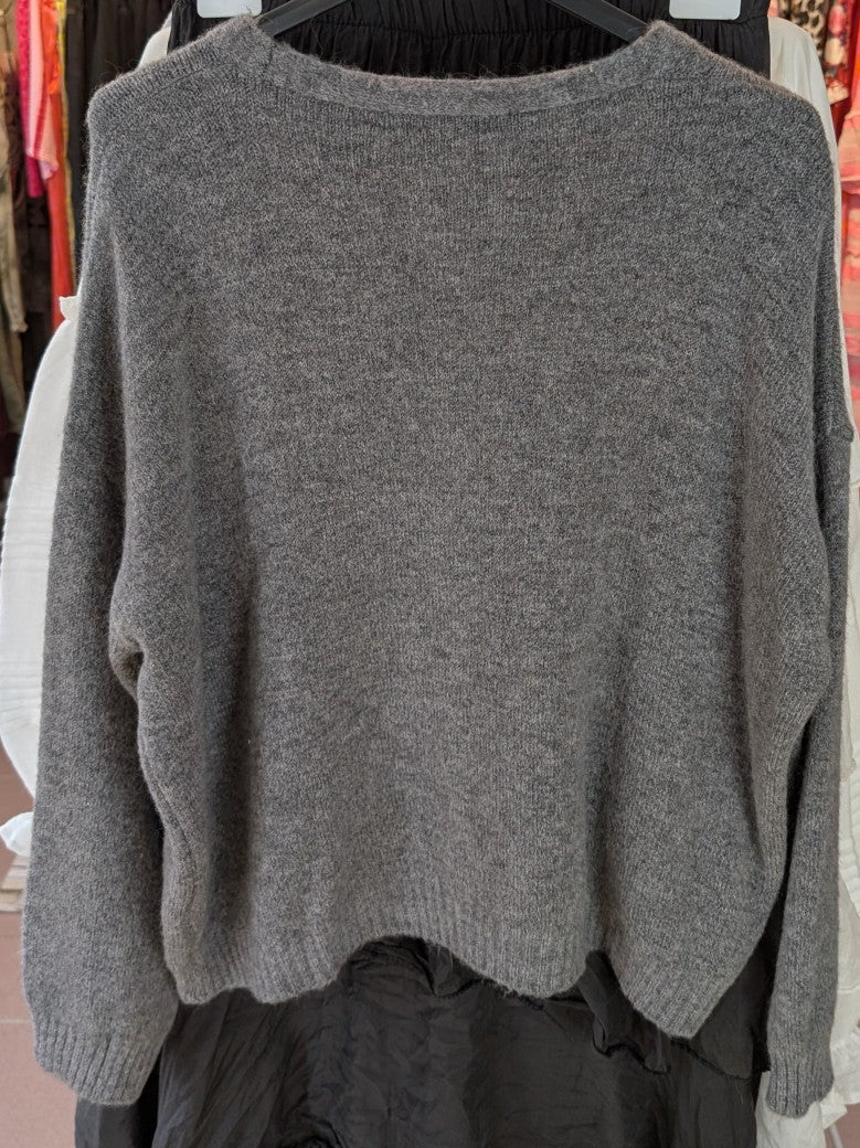 Cardigan Strickjacke Alpaka 30% Nylon 30% Wolle 17% V-Ausschnitt Perlmuttknöpfe Grau Flausch - One Size