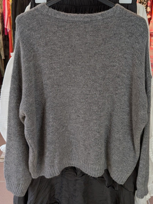 Cardigan Strickjacke Alpaka 30% Nylon 30% Wolle 17% V-Ausschnitt Perlmuttknöpfe Grau Flausch - One Size