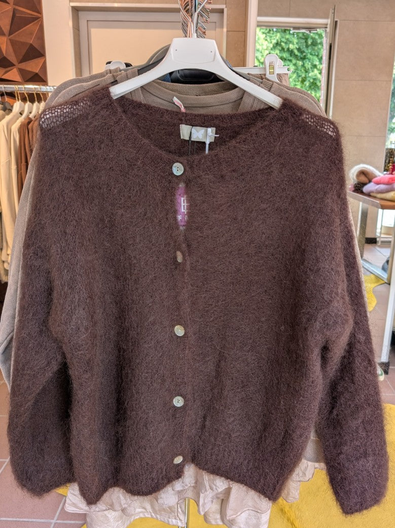 Cardigan Strickjacke Mohair 80% Nylon 18% Perlmuttknöpfe Coffee Braun One Size HH24220
