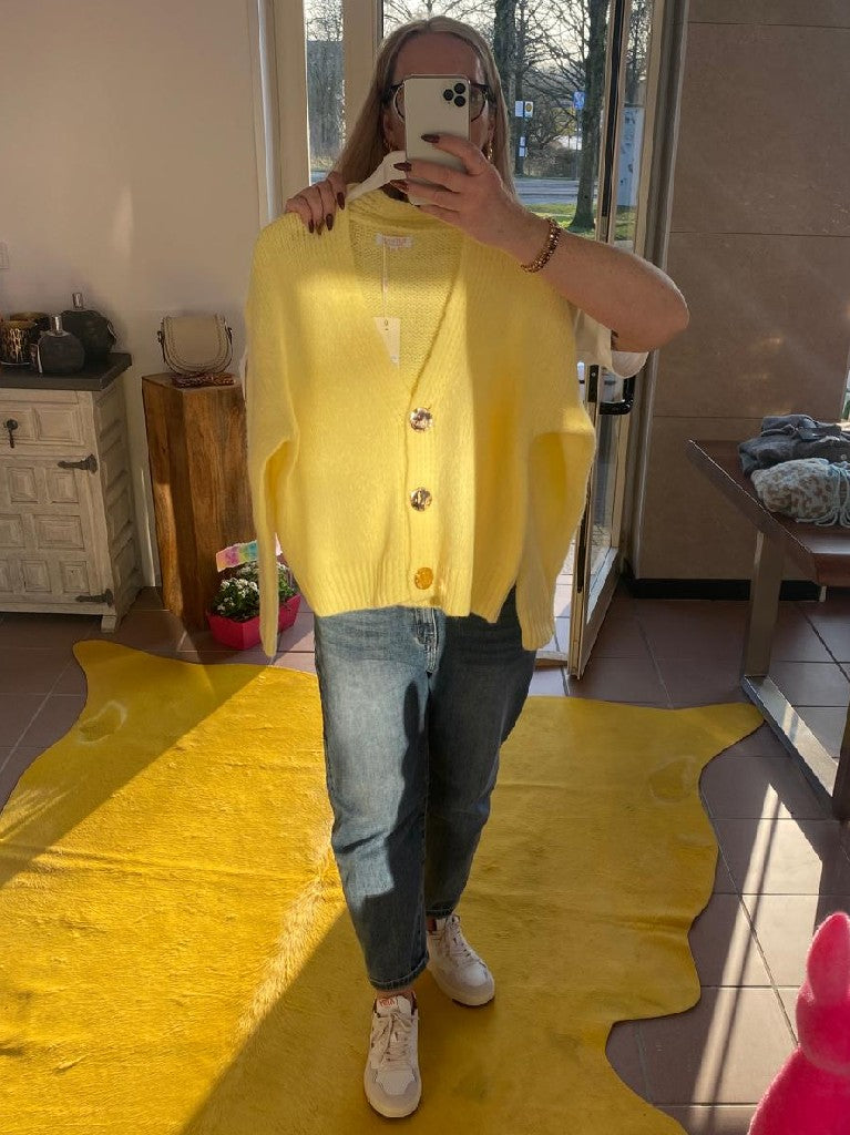 Cardigan Strickjacke Gelb mit Goldknöpfen Feinstrick One Size SC233348 - von EFFENY