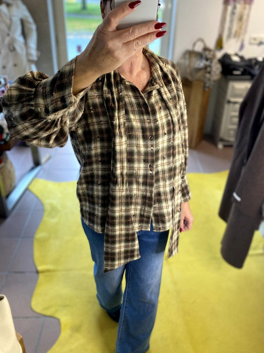 Flanellhemd flauschig mit Schluppe Schleife im Karo Design Beige Braun Grün, One Size - von BLU ROYAL H4257-C36