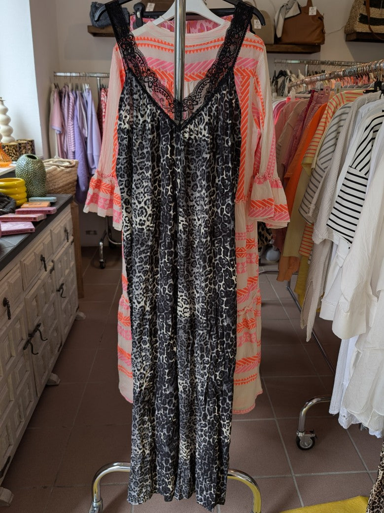 Jumper mit Leo Muster Grau mit Spitze, 100% Viskose, One Size (36-40)