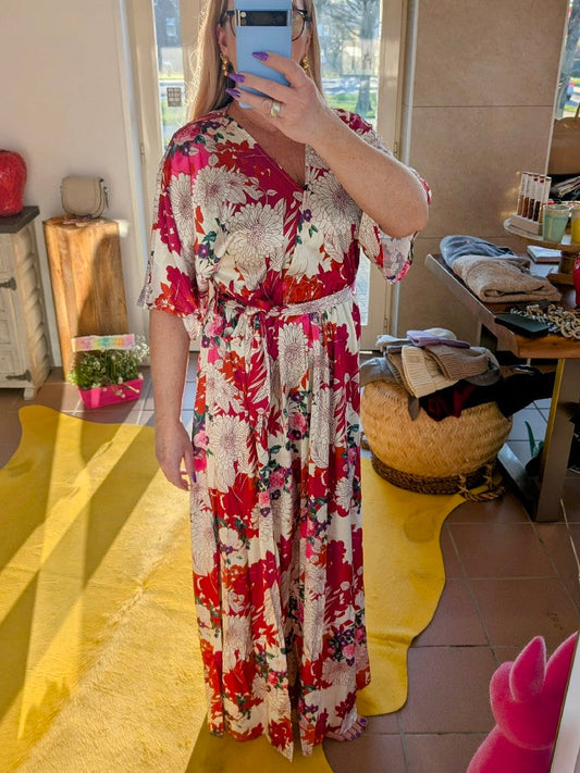 Kleid Maxi Floral Rot Fuchsia Maxi mit 3/4 Arm - von Lily Mcbee R08829 Style 606388