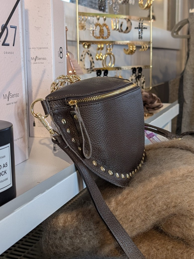 Ledertasche Bauchtasche L Coffee Braun Goldnieten 26x18,5x7cm mit Umhängegurt und RV
