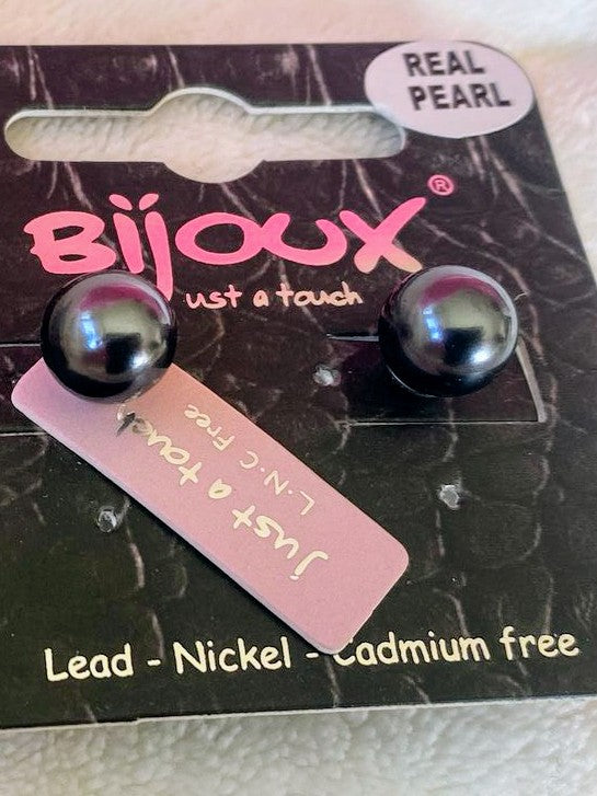 Ohrringe Echte Perle 10mm Durchmesser Schwarz / Dunkel Pin - von Bijoux 9059502