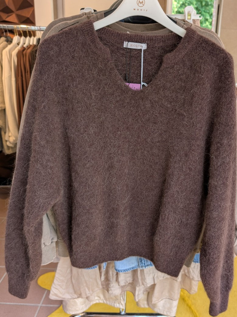 Pullover Alpaka Nylon V-Ausschnitt Coffee Braun Flausch Pulli One Size - von CHOICE 8905