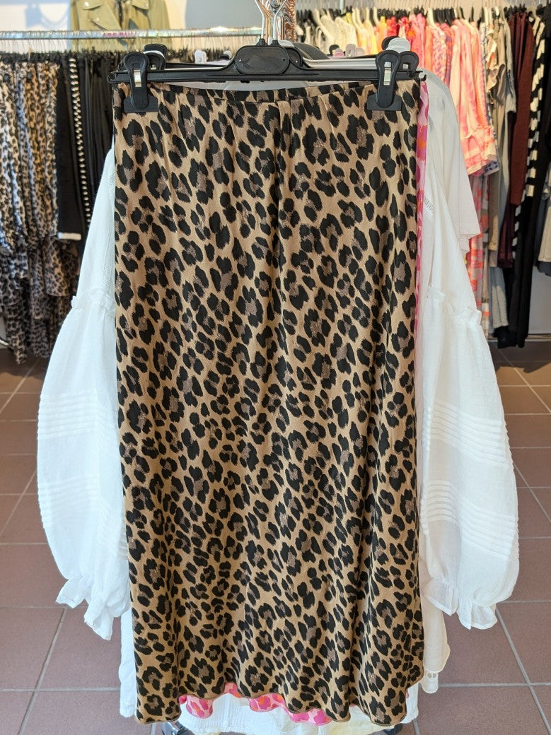 Rock Viskose Satin mit Leo Muster in Beige Braun Gold Schwarz, One Size 02691