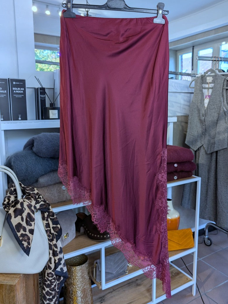 Rock Viskose Satin mit Spitze asymmetrisch M/L Burgund Rot - von LUMINA LD3620