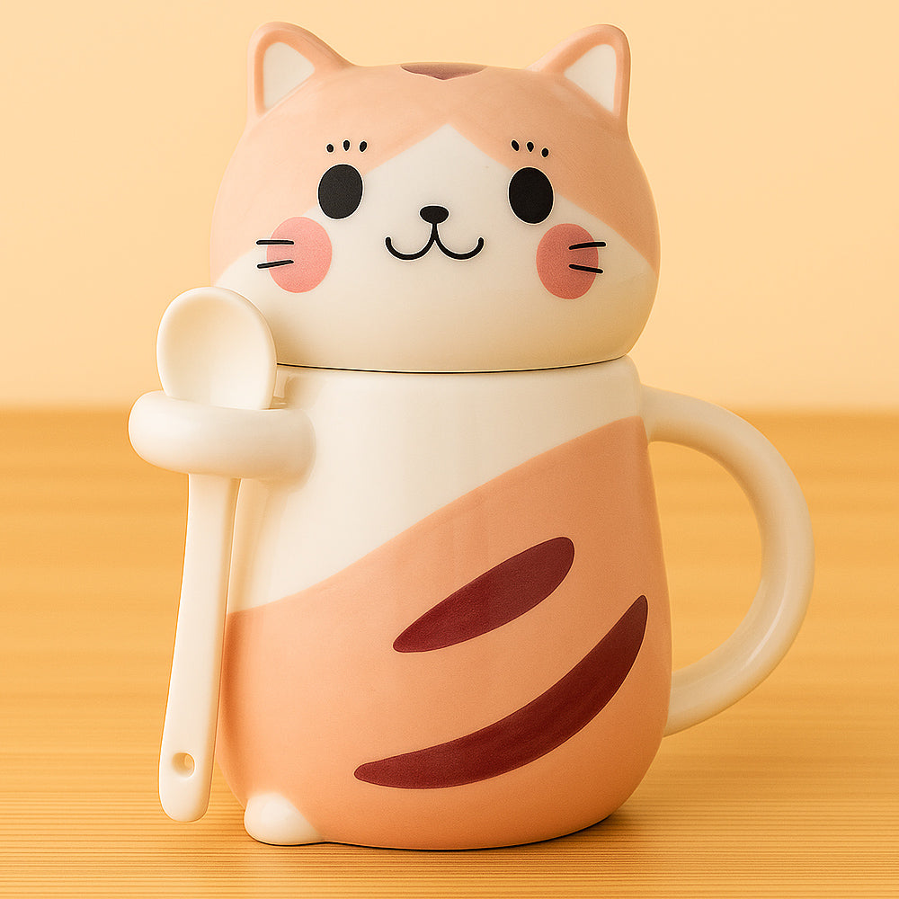 Schmuck Duftkerze mit Motiv Katze, in Keramiktasse mit Deckel und Löffel