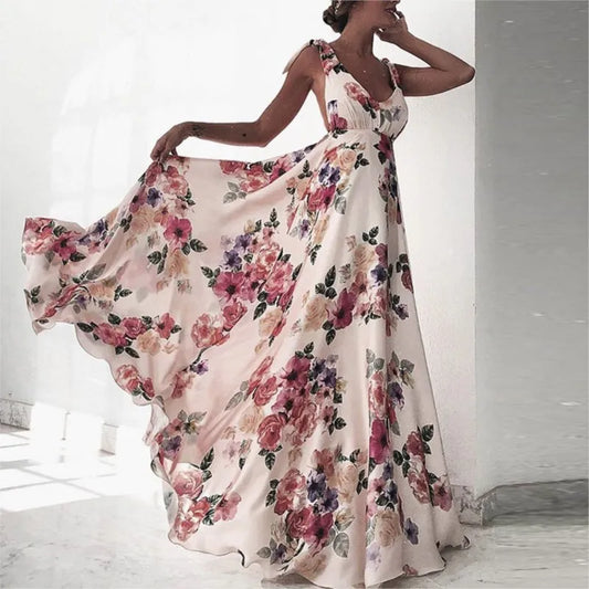 Backless women floral high waist large swing sleeveless long dresse