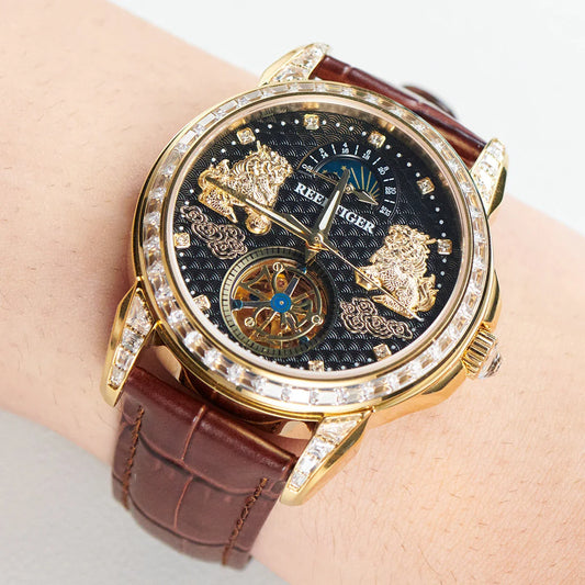 Reef tiger automatic watch rose gold pixiu dial diamond bezel leather strap