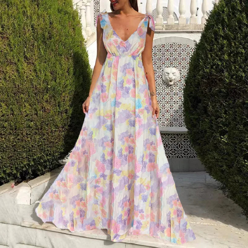 Backless women floral high waist large swing sleeveless long dresse