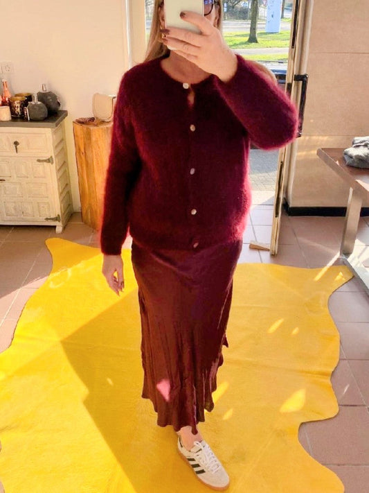 Cardigan Strickjacke Mohair 80% Weinrot Bordeaux Rot mit Perlmuttknöpfen One Size 24220
