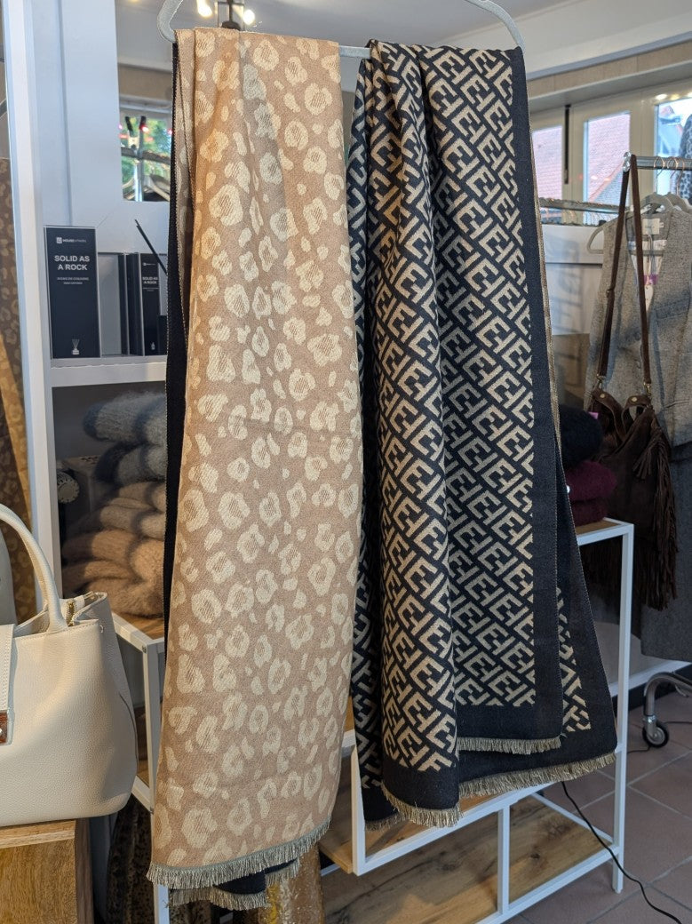 Schal Wendeschal Fendi Stil Leo Muster Schwarz Gold Braun mit Fransen 80% Viskose 20% Wolle