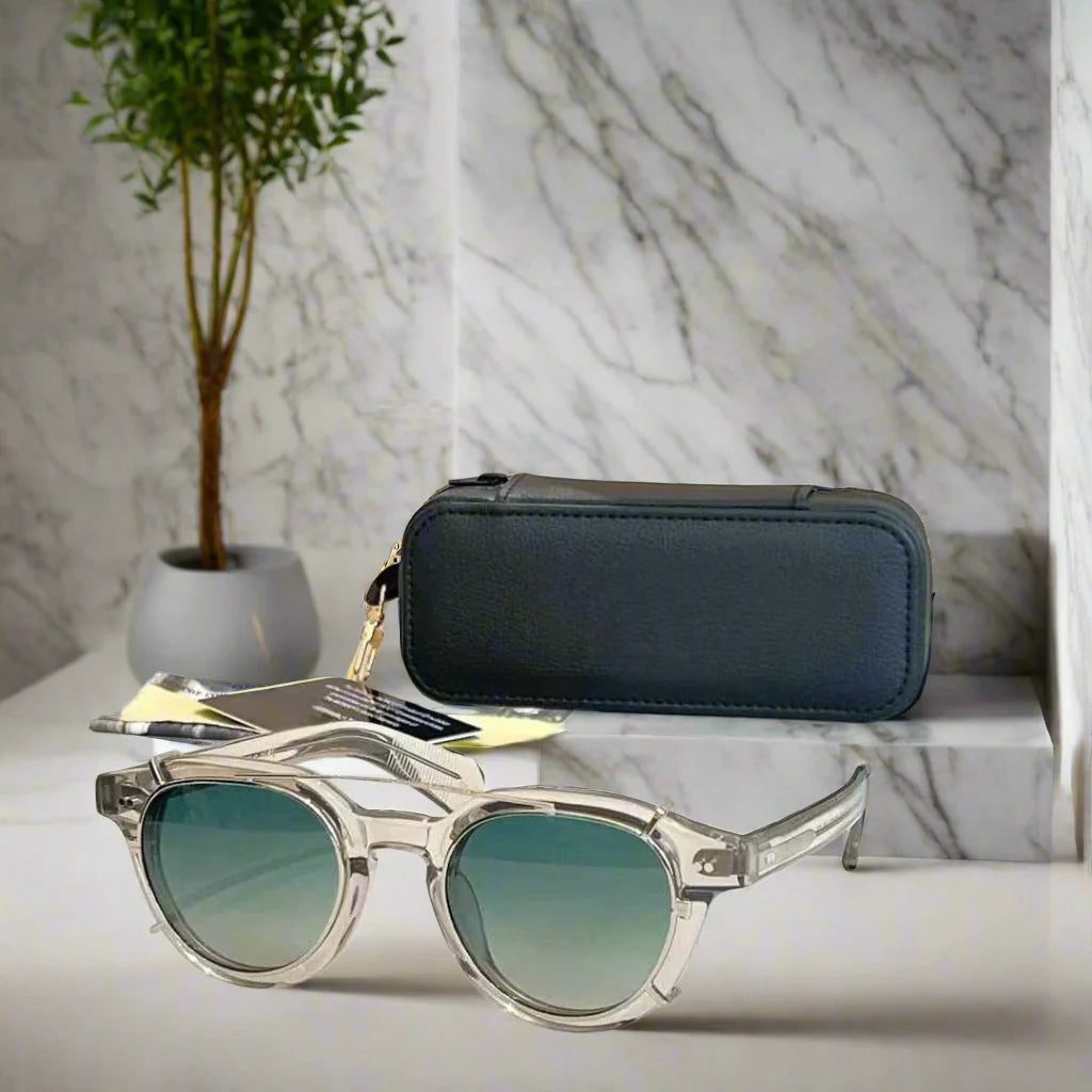 Moscot Baitsim handcrafted acetate clip-ons with iconic oval shape sunglasses