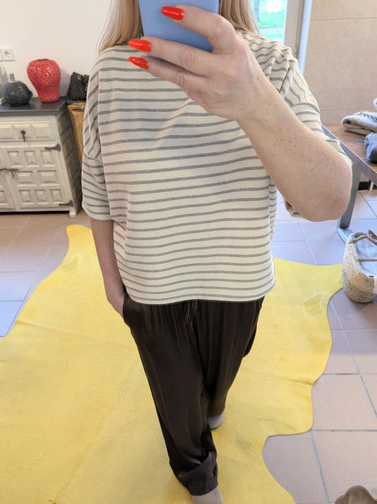 Sweatshirt Kurzarm MOOIJ gestreift Créme Grau Baumwolle, One Size - von MOOIJ