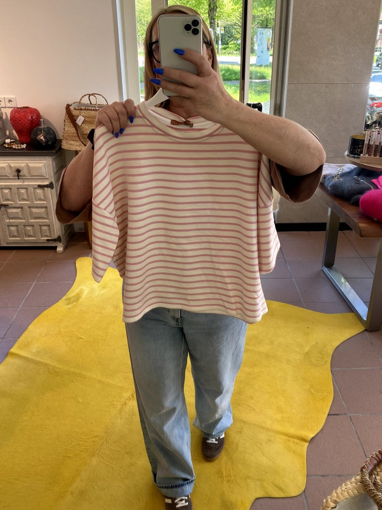 Sweatshirt Kurzarm gestreift Créme Rosa Baumwolle, One Size - von MOOIJ