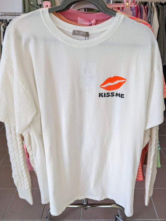 T-Shirt Taste Kiss Me mit Backprint in Weiß mit Orange und Flieder, Baumwolle, One Size