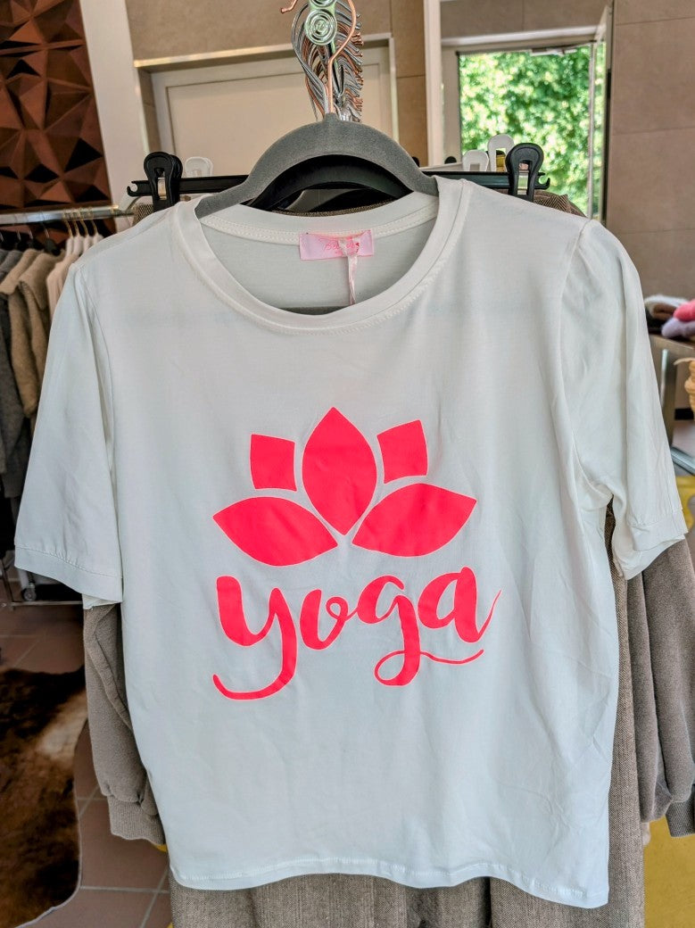 T-Shirt Yoga Weiß Neon Pink, Baumwolle, One Size - von BELIEVE
