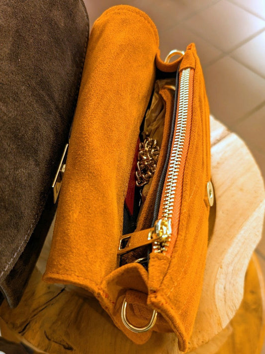 Tasche Envelope Clutch Wildleder Cross-Body Goldkette Chevron Muster Orange