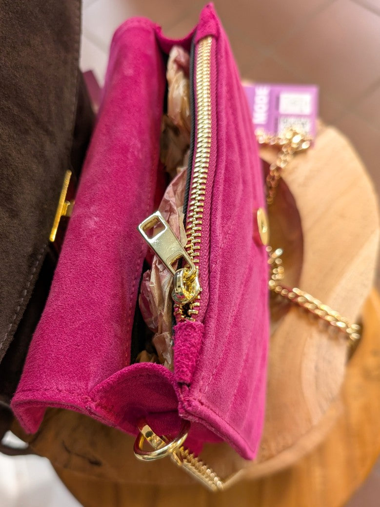 Tasche Envelope Clutch Wildleder Cross-Body Goldkette Chevron Muster Pink