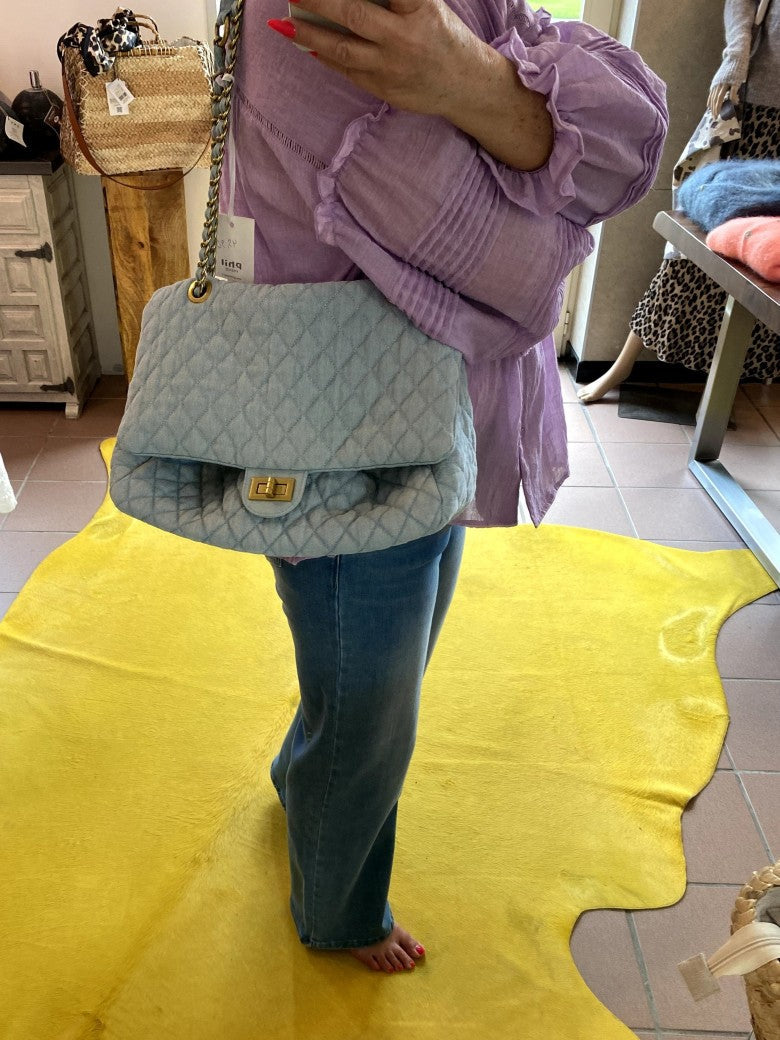 Tasche Jeanstasche im Chanel Stil mit Goldkette in Hellblau gesteppt Cross-Body PH4059