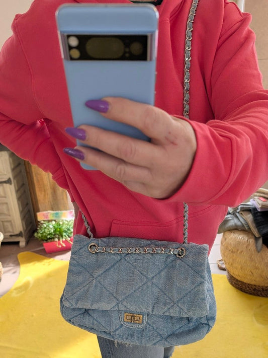 Tasche Jeanstasche im Chanel Stil mit Silberkette in Hellblau gesteppt Cross-Body 58156