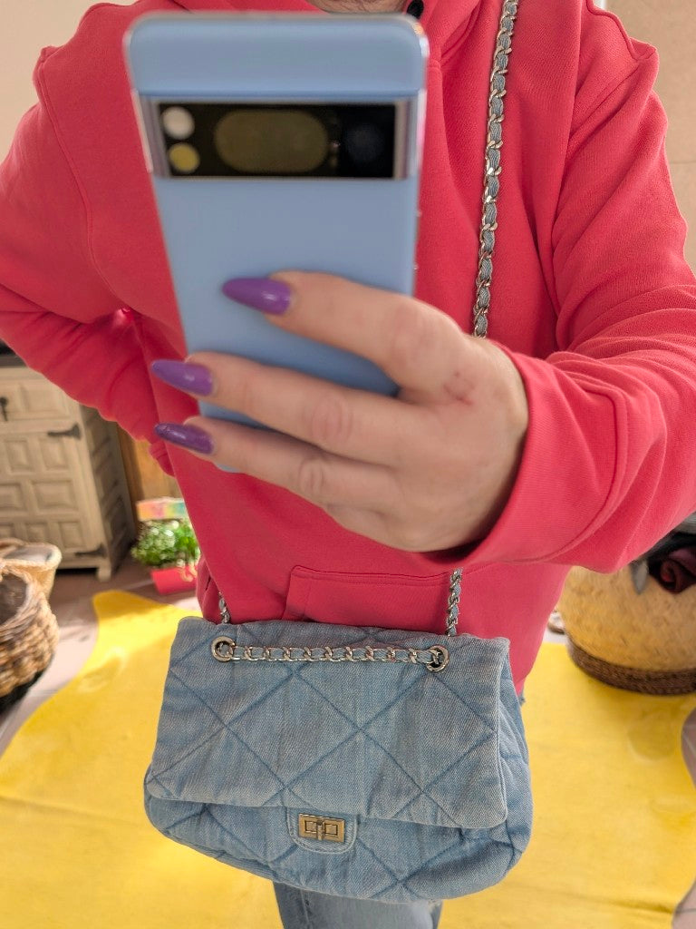 Tasche Jeanstasche im Chanel Stil mit Silberkette in Hellblau gesteppt Cross-Body 58156