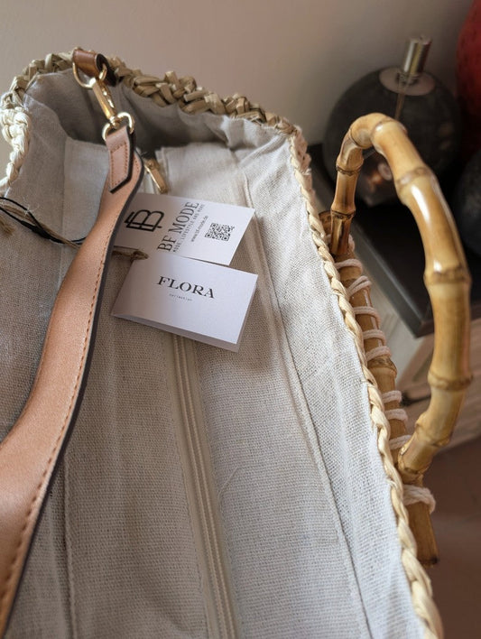 Tasche "Bolso" aus Bast mit Leinen Innen, Cross-Body Umhängegurt, Reißverschluss, Bambusgriffe, Créme Khaki, F-B27069L SCH010