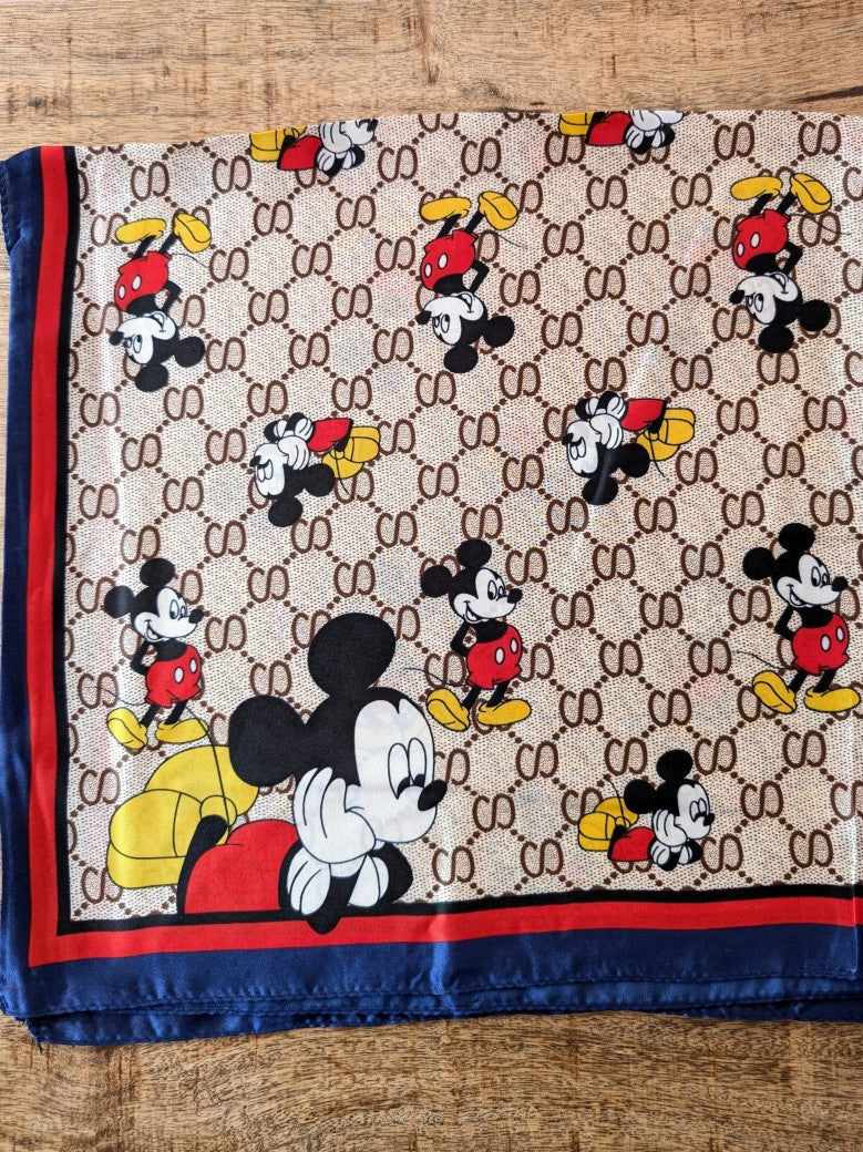 Tuch Gucci Stil Mickey Mouse Beige Braun Viskose Seide Rand Rot Blau Quadratisch JD224-117