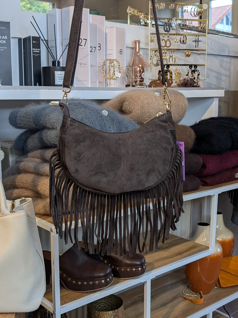 Wildleder Tasche mit Fransen Halbmond M Coffee Braun ca. 22,5cm x 12cm mit Schulterriemen und RV