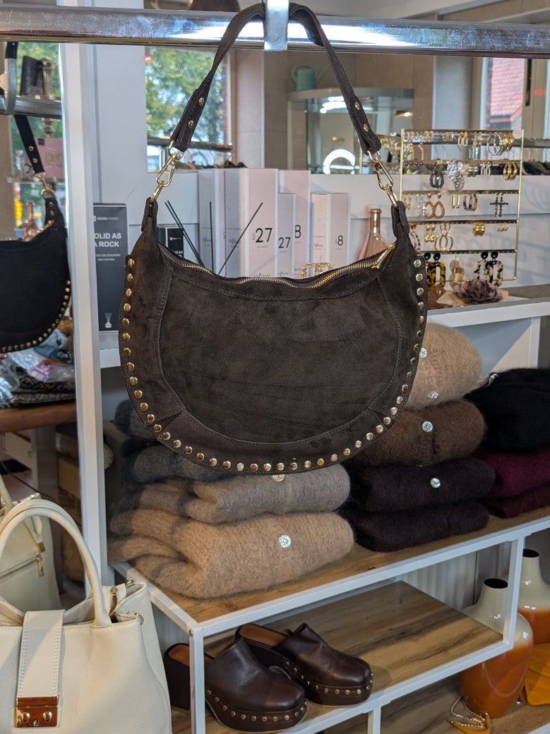 Wildleder Tasche Halbmond L Coffee Braun Goldnieten ca. 36cm x 23cm mit Schulterriemen und RV