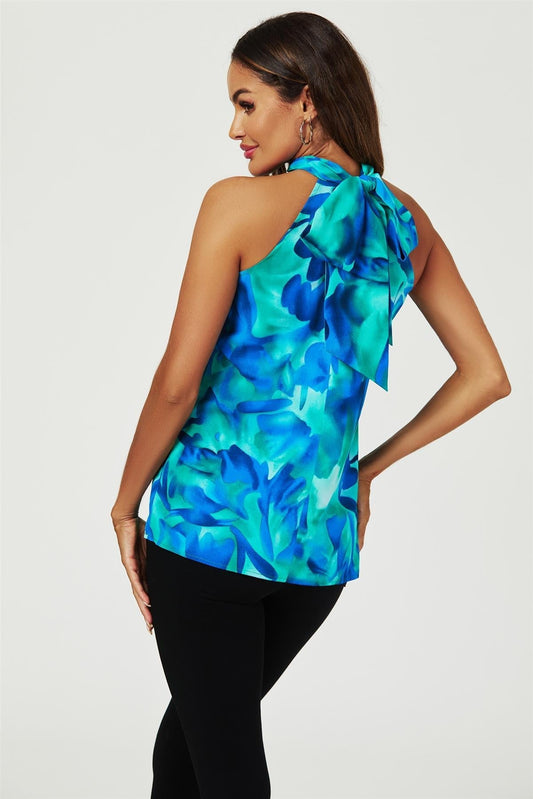 Abstract Floral Print Halter Neck Tie Back Top In Blue - AXON