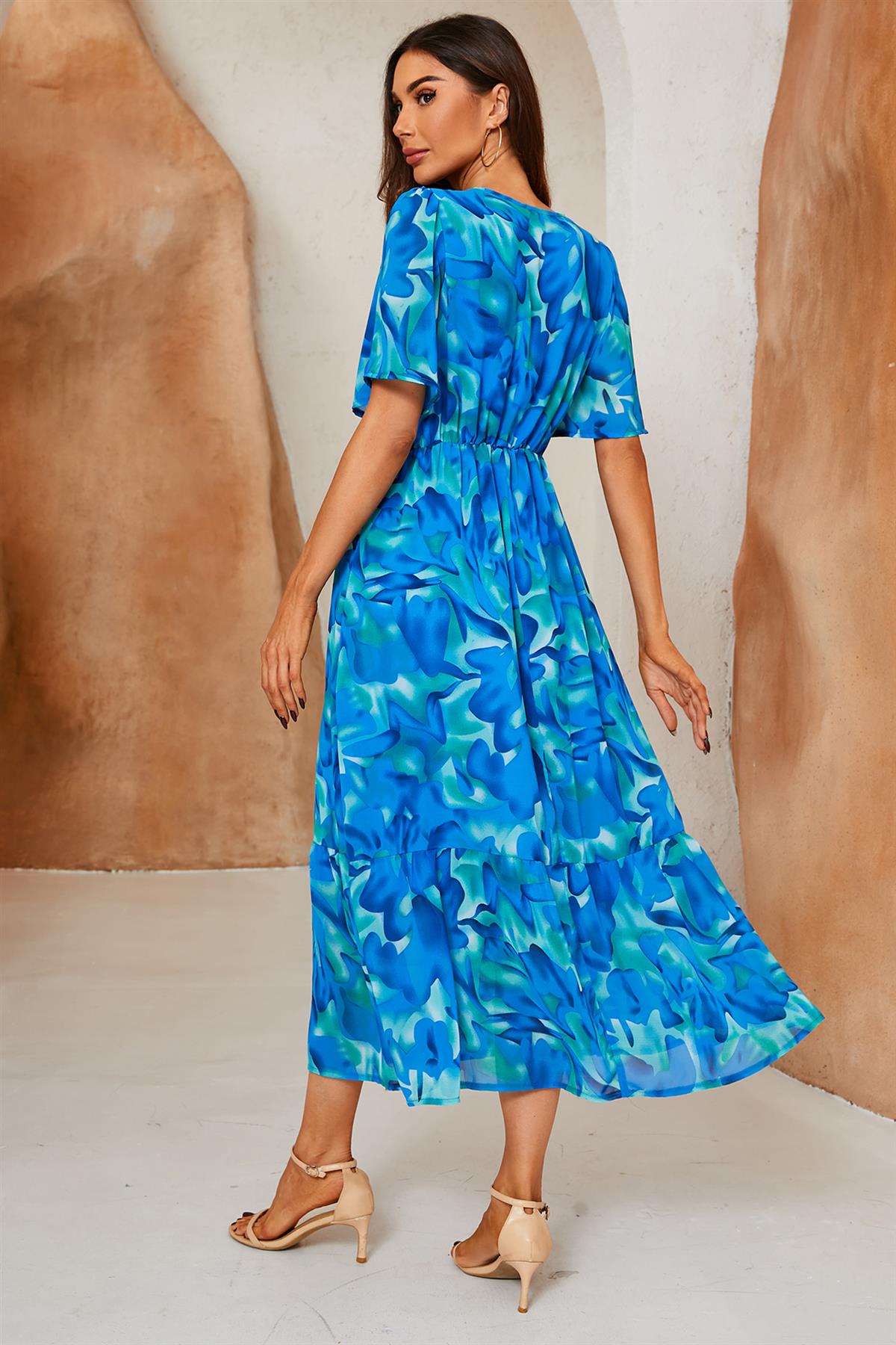 Abstract Floral Print Lace Detail Angel Sleeve Maxi Dress In Blue - AXON