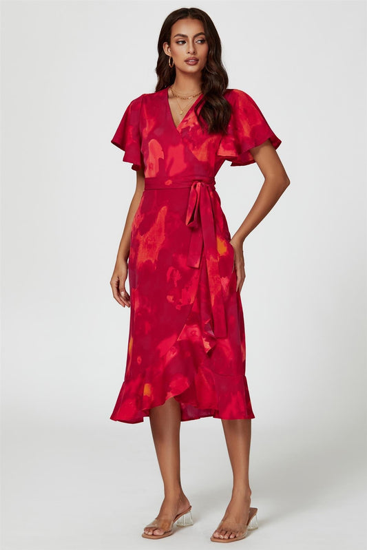 Abstract Print Angel Sleeve Wrap Midi Dress In Red - AXON